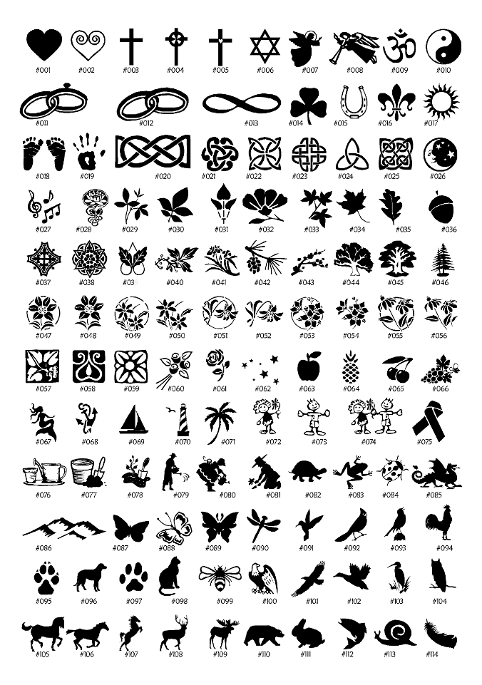 A sheet of black designs numbered P001 through P060, featuring various religious symbols, hearts, rings, flowers, leaves, animals, and abstract patterns on a white background.