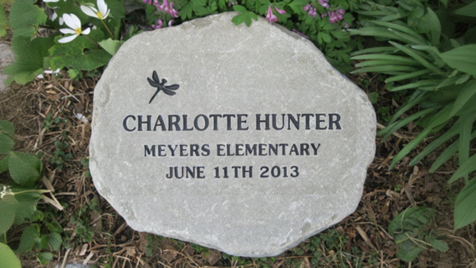 A custom teacher retirement garden stone with engraved text r, featuring a small dragonfly engraving, set in a garden bed with mulch, green plants, and small white and pink flowers.