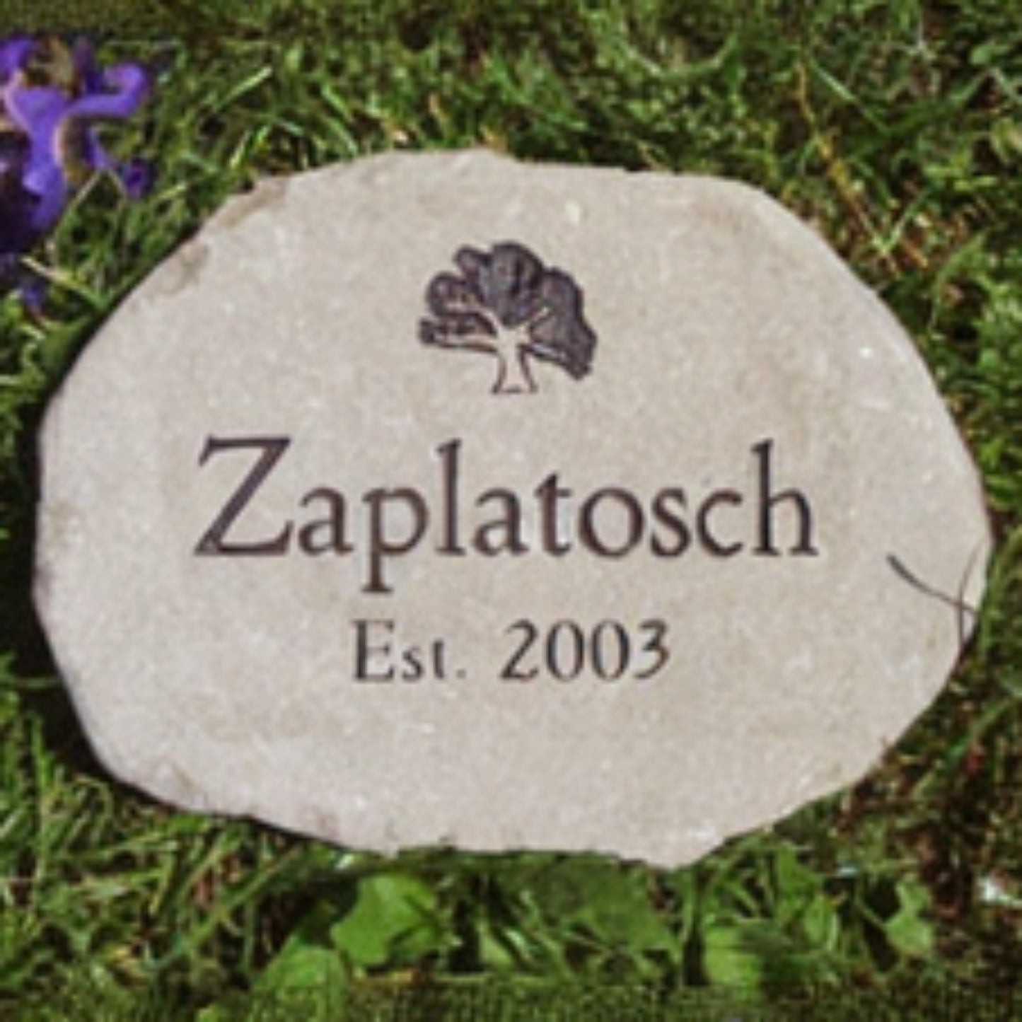 A personalized brown garden stone  with the name 'Zaplatosch', 'Est. 2003', and a tree engraving, placed on green grass with purple flowers in the corner.